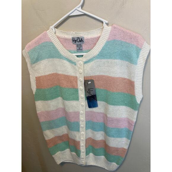 Wye Oaks 90's Vintage Pastel Striped Sleeveless Button Up Sweater Size Medium - Picture 6 of 8